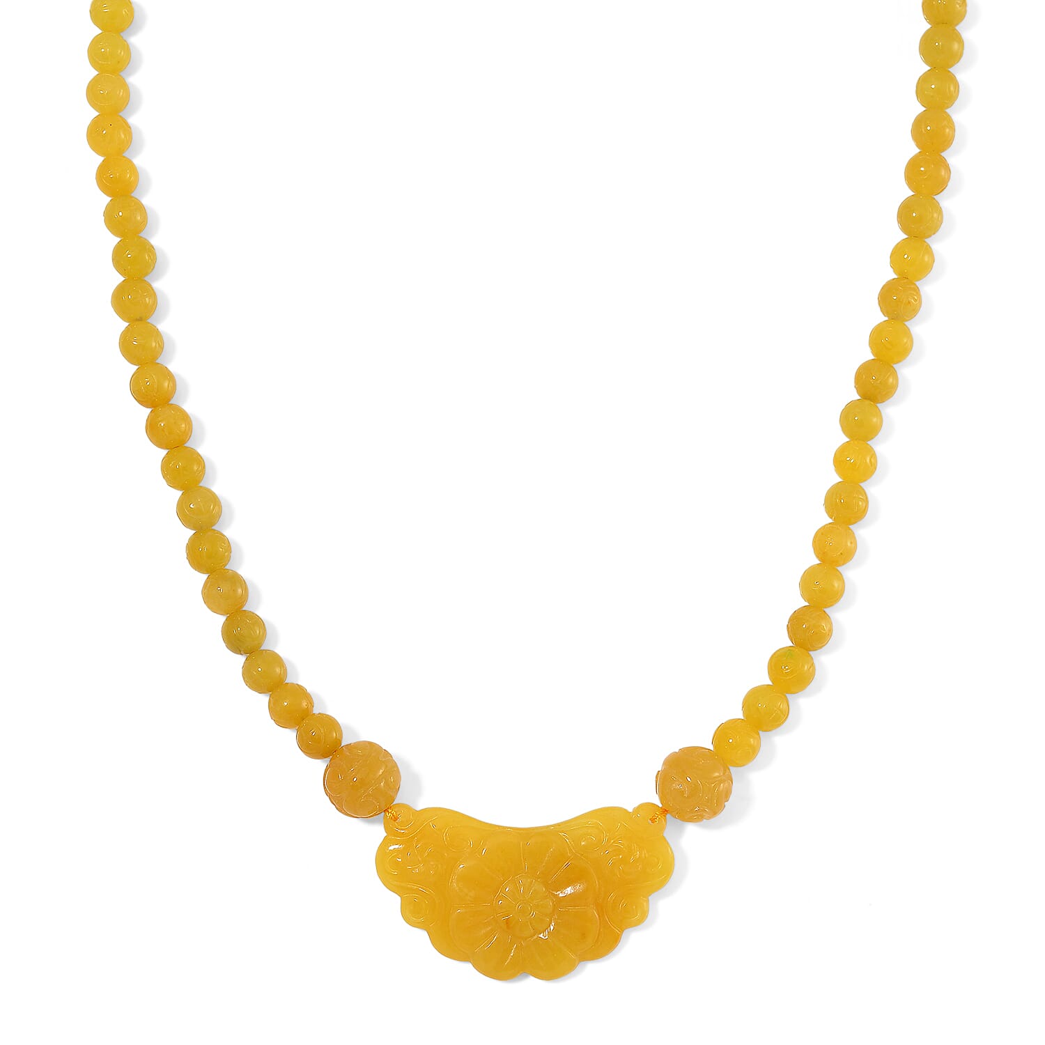 Green Jade Carved Flower and Multi Jade Beaded Necklace (20 Inches) in Rhodium Over Sterling Silver 340.00 ctw