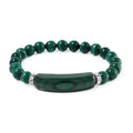 African Malachite and Austrian Crystal 150.00 ctw Beaded with Fancy Bar Stretch Bracelet in Stainless Steel (6.50-7.0In) - Sticky add to cart bar