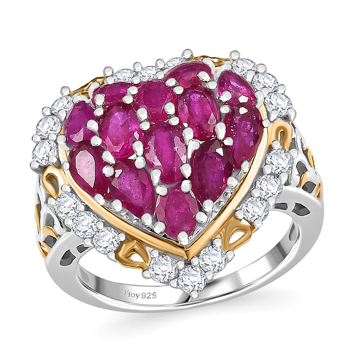 Niassa Ruby (FF) and White Zircon 4.50 ctw Heart Ring in 18K Vermeil YG and Rhodium Over Sterling Silver (Size 10.0)