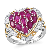 Niassa Ruby (FF) and White Zircon 4.50 ctw Heart Ring in 18K Vermeil YG and Rhodium Over Sterling Silver (Size 10.0)