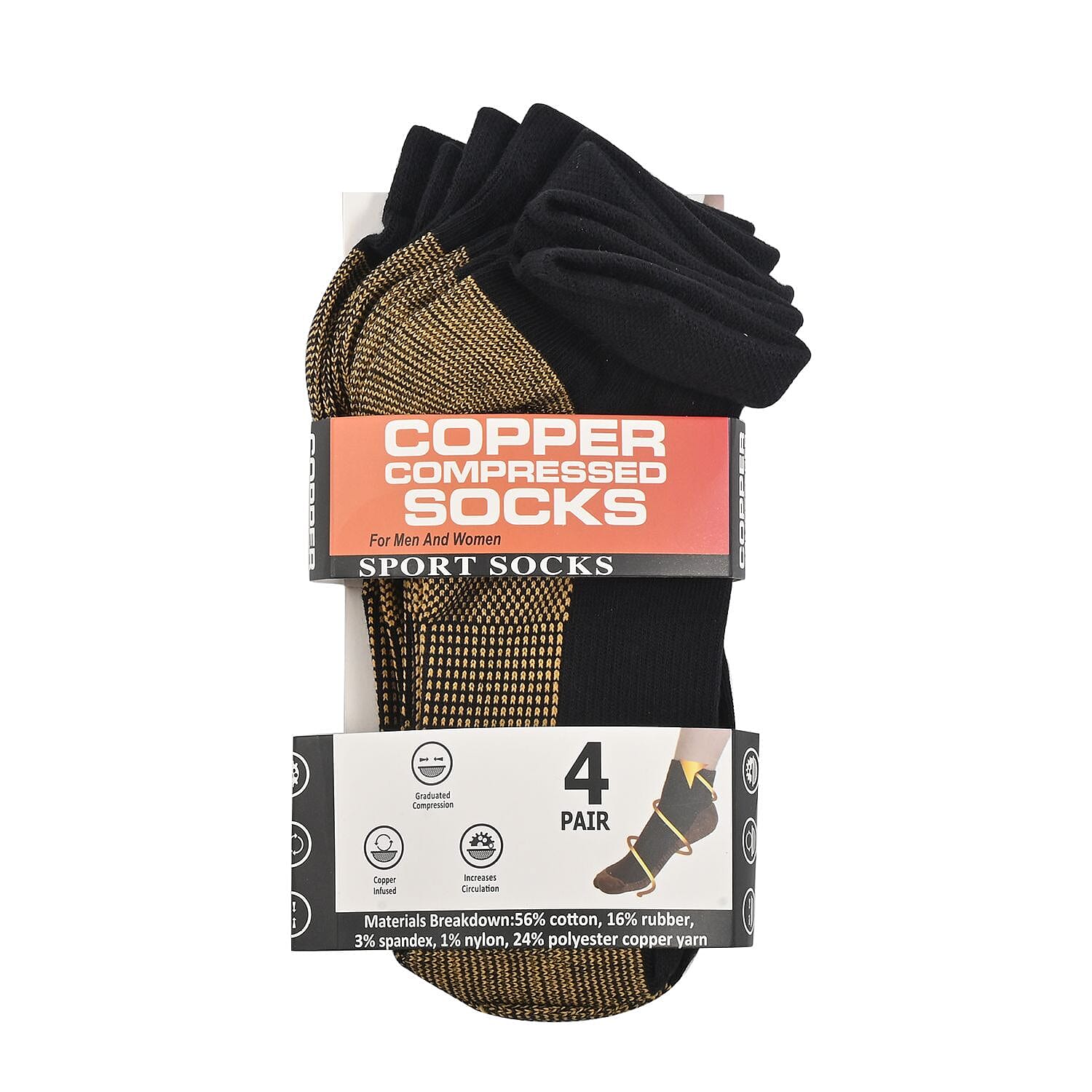 Set of 4 Pairs Copper Infused Compression No-Show Socks - Black (L/XL)