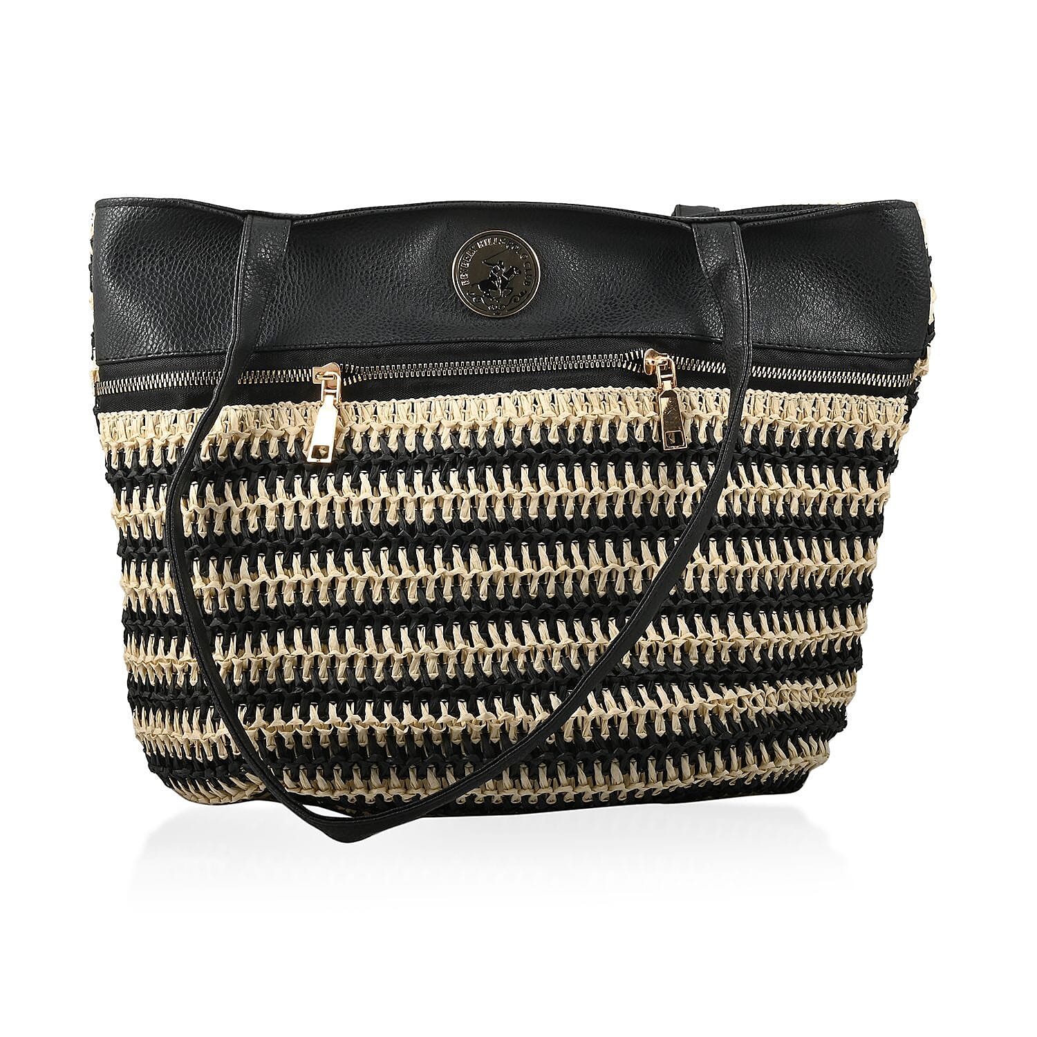 Beverly Hills Polo Club Black Faux Leather & Straw Shoulder Bag