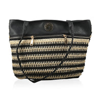 Beverly Hills Polo Club Black Faux Leather & Straw Shoulder Bag