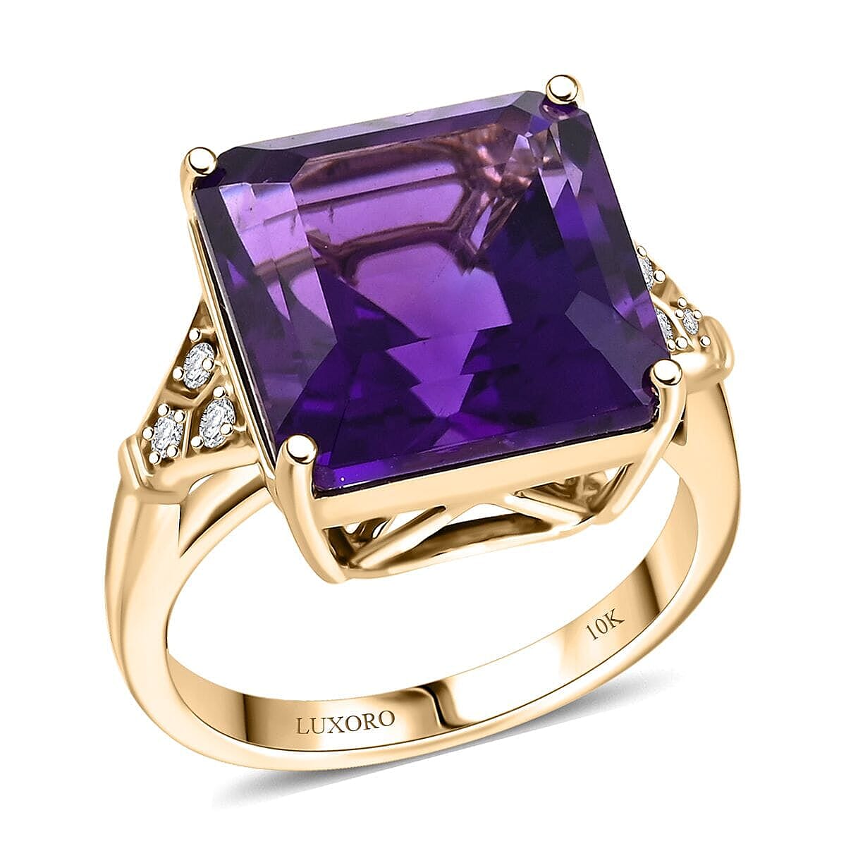 Certified & Appraised Luxoro AAA Lusaka Amethyst and G-H I2 Diamond 8.25 ctw Ring in 10K Yellow Gold (Size 10.0) 4.10 Grams