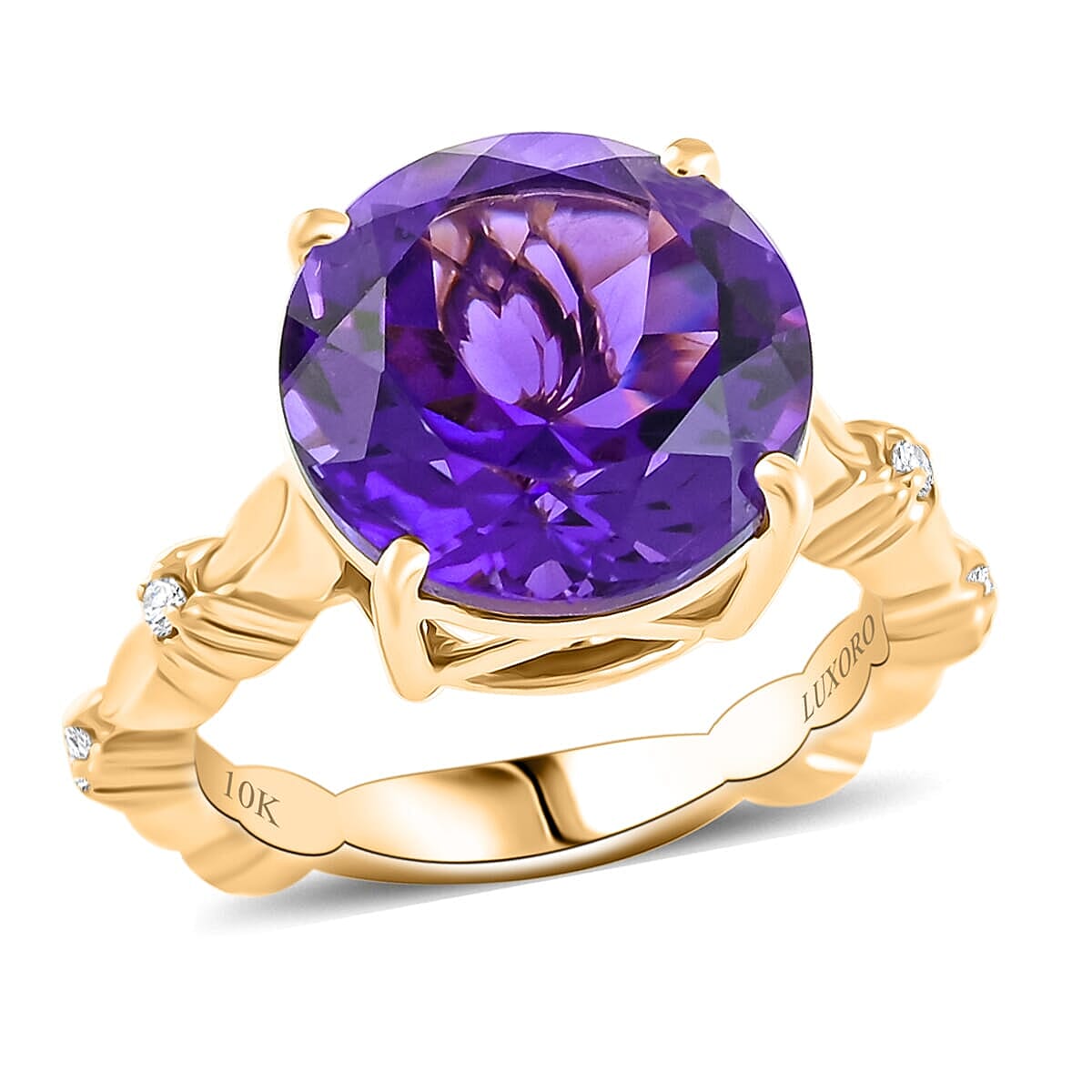 Certified & Appraised Luxoro AAA Natural Lusaka Amethyst and G-H I2 Diamond 6.52 ctw Ring in 10K Yellow Gold (Size 10.0) 4.60 Grams