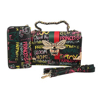 TLV Chunma 2pc Black & Multi Color Graffiti Pattern Vegan Leather Crossbody Bag with Wallet (10"x4"x8")