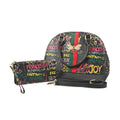 Chunma 2pc Black & Gold Graffiti Pattern Vegan Leather Shoulder Bag with Wallet (12"x4"x10") - Sticky add to cart bar