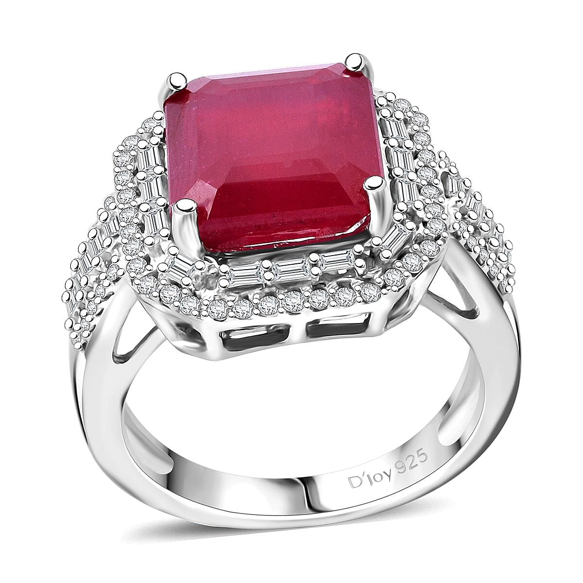 Premium Niassa Ruby (FF), Moissanite Halo of Majesty Ring in Rhodium Over Sterling Silver (Size 10.0) 9.10 ctw