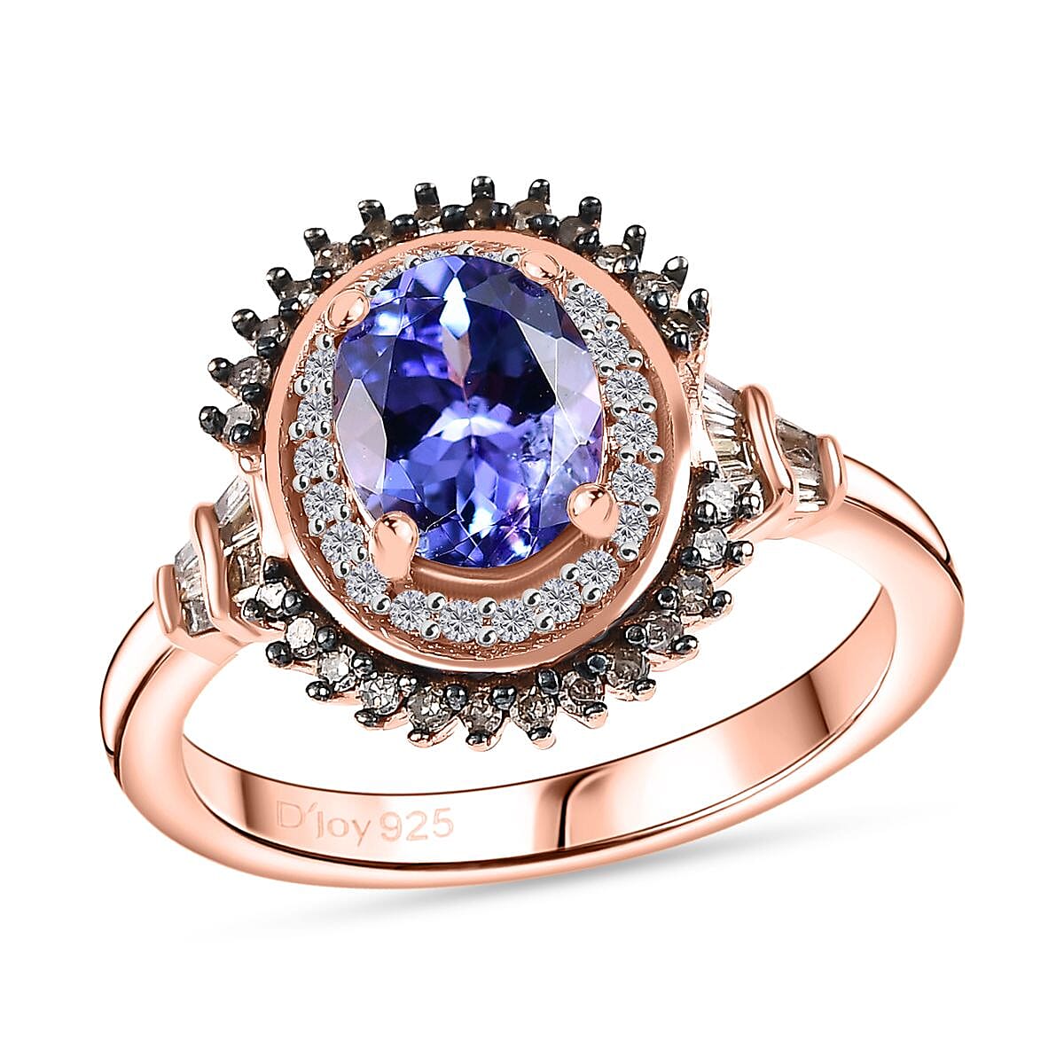 Tanzanite, Nature Champagne and White Diamond 1.60 ctw Ring in 18K Vermeil Rose Gold Over Sterling Silver (Size 10.0)