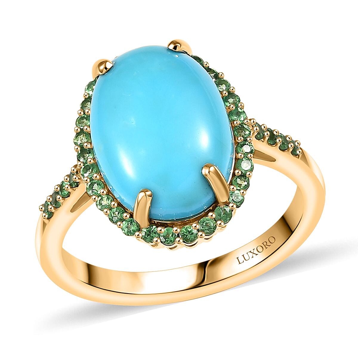 Luxoro 10K Yellow Gold Premium Sleeping Beauty Turquoise, Tsavorite Garnet Ring (Size 10.0) 5.30 ctw