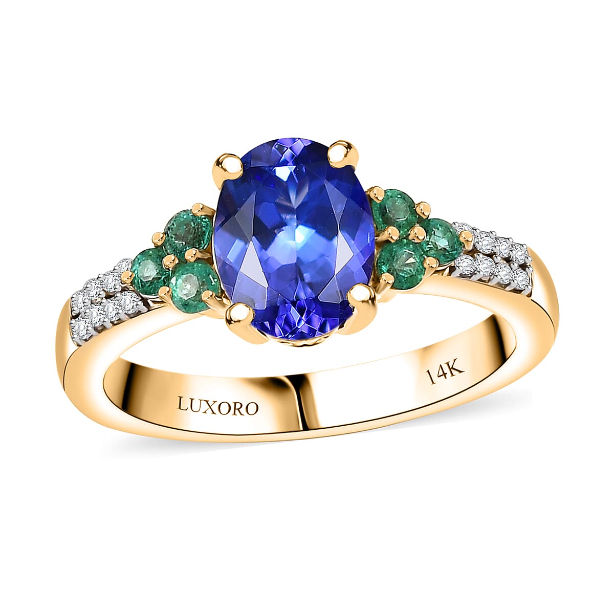 Luxoro 14K Yellow Gold AAA Tanzanite, Boyaca Colombian Emerald and Diamond (I2) Ring (Size 10.0) (4.08 g) 2.00 ctw