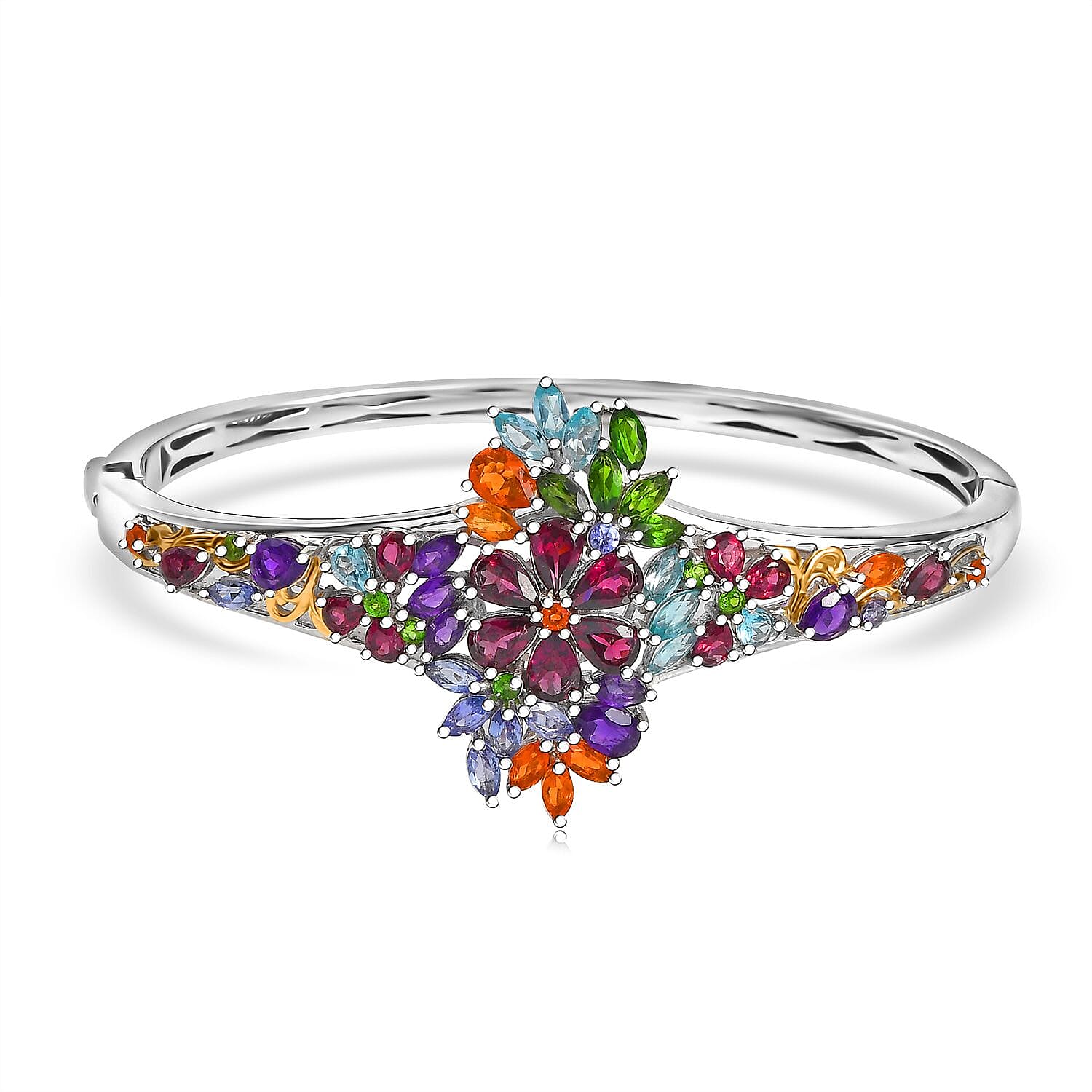 D'Joy African Amethyst, Multi Gemstone Bangle Bracelet in 18K Vermeil YG and Rhodium Over Sterling Silver (7.25 In) 10.00 ctw