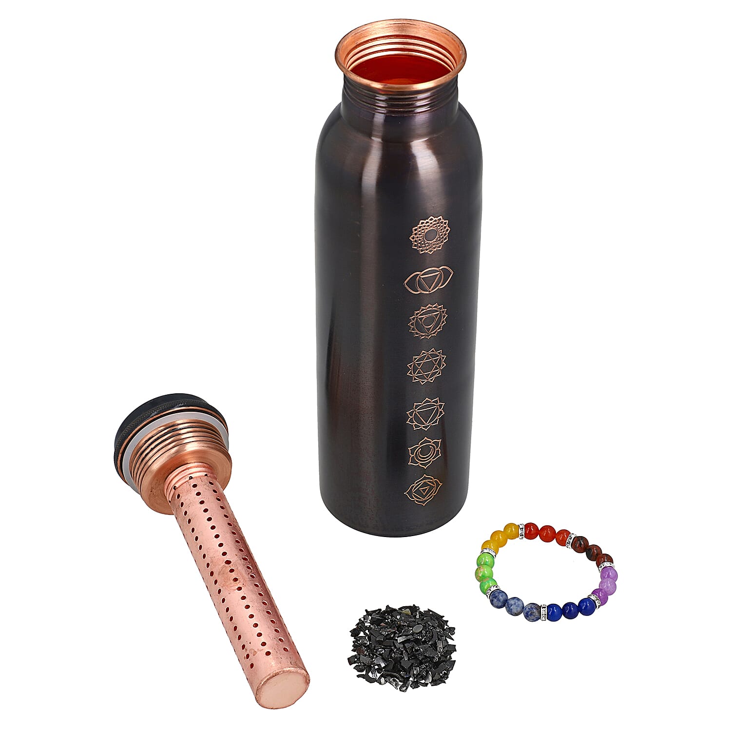Brown Copper Infused Bottle 32oz with Shungite Infuser and Seven Chakra Beaded Stretch Bracelet Multi Color