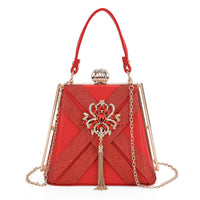 Red Radiant Tassel Brooch Crystal Clutch Bag (9.6"x4.3"x5.3") with Shoulder Chain Strap
