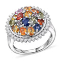TLV Multi Sapphire, White Zircon Sunburst Elegance Ring in Rhodium Over Sterling Silver (Size 10.0) 4.40 ctw - Sticky add to cart bar