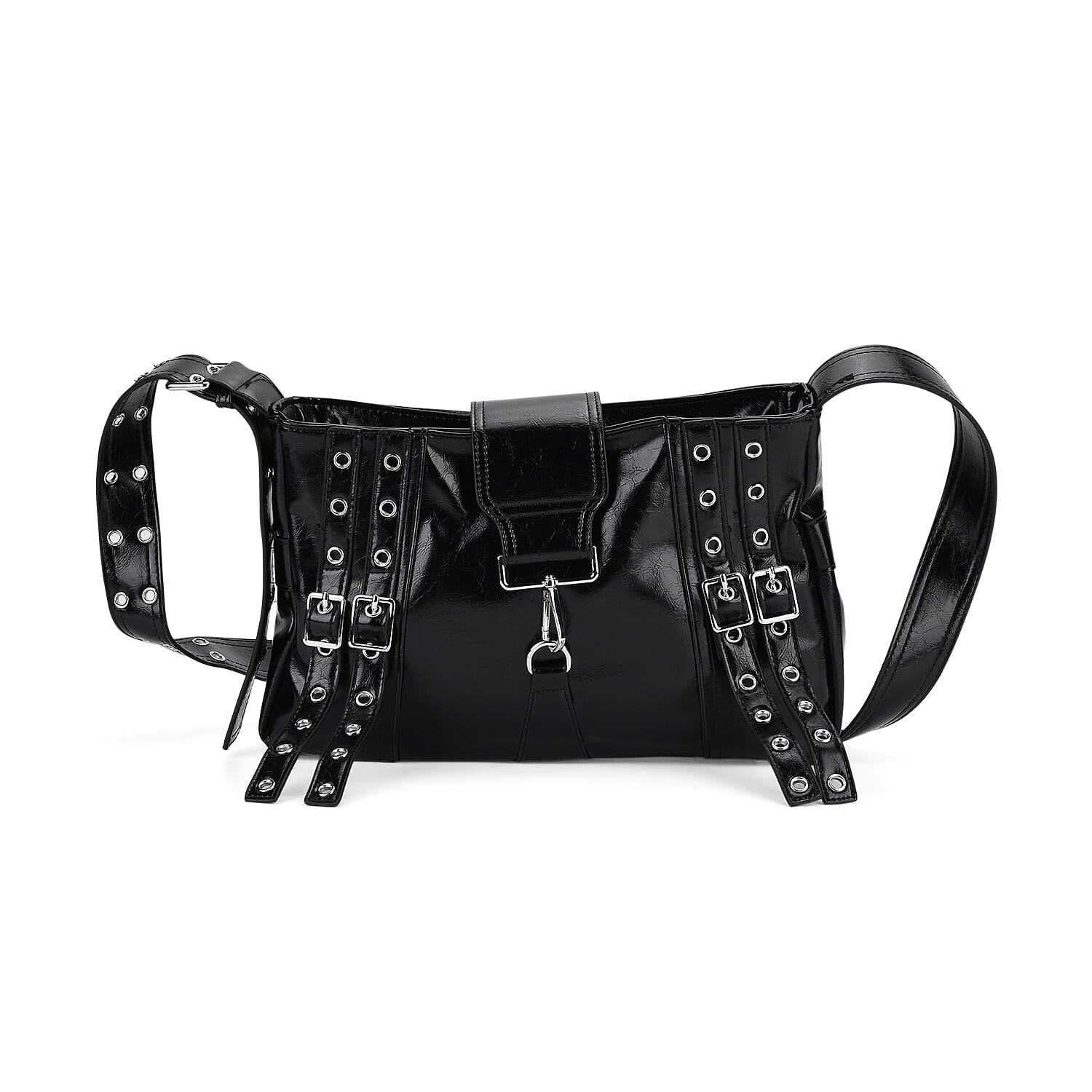 Black Faux Leather Punk Crossbody Bag (14.17"x3.15"x9.45") with Shoulder Strap