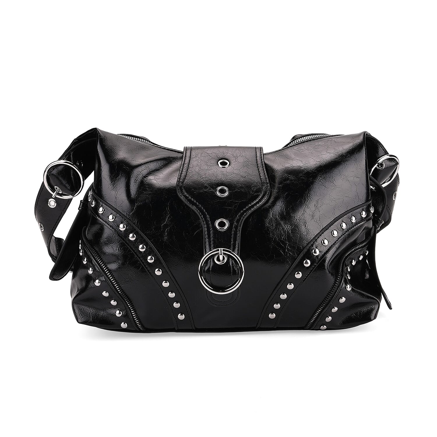 Black Faux Leather Stylish Riveted Hobo Bag with Shoulder Strap