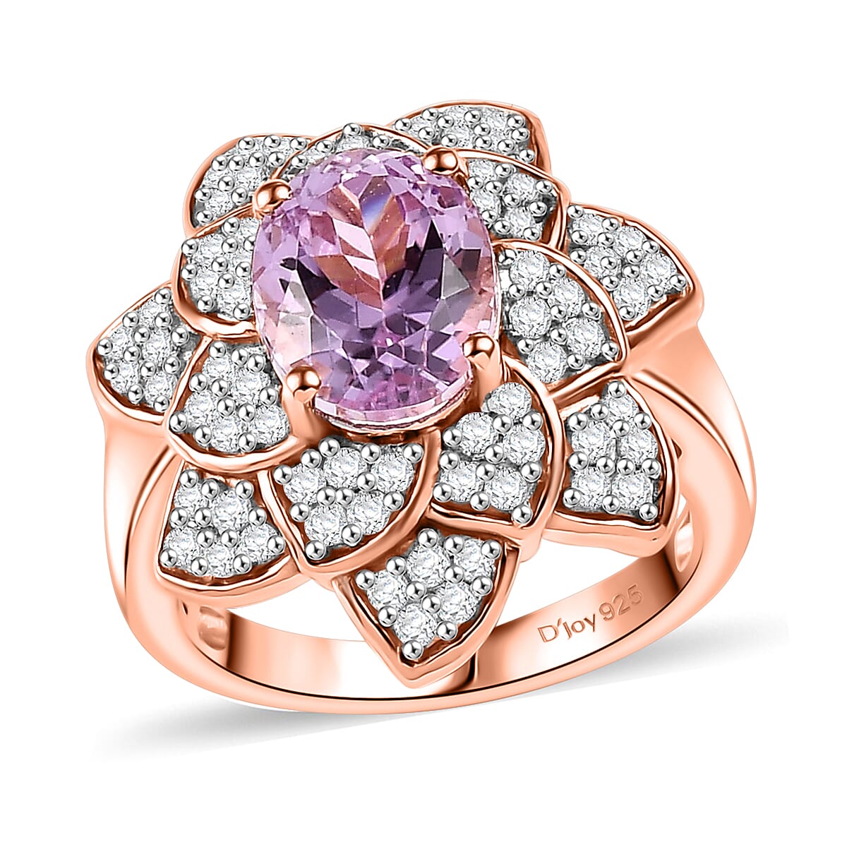 Martha Rocha Kunzite, White Zircon Floral Ring in 18K Vermeil RG Over Sterling Silver (Size 10.0) 4.35 ctw (1)