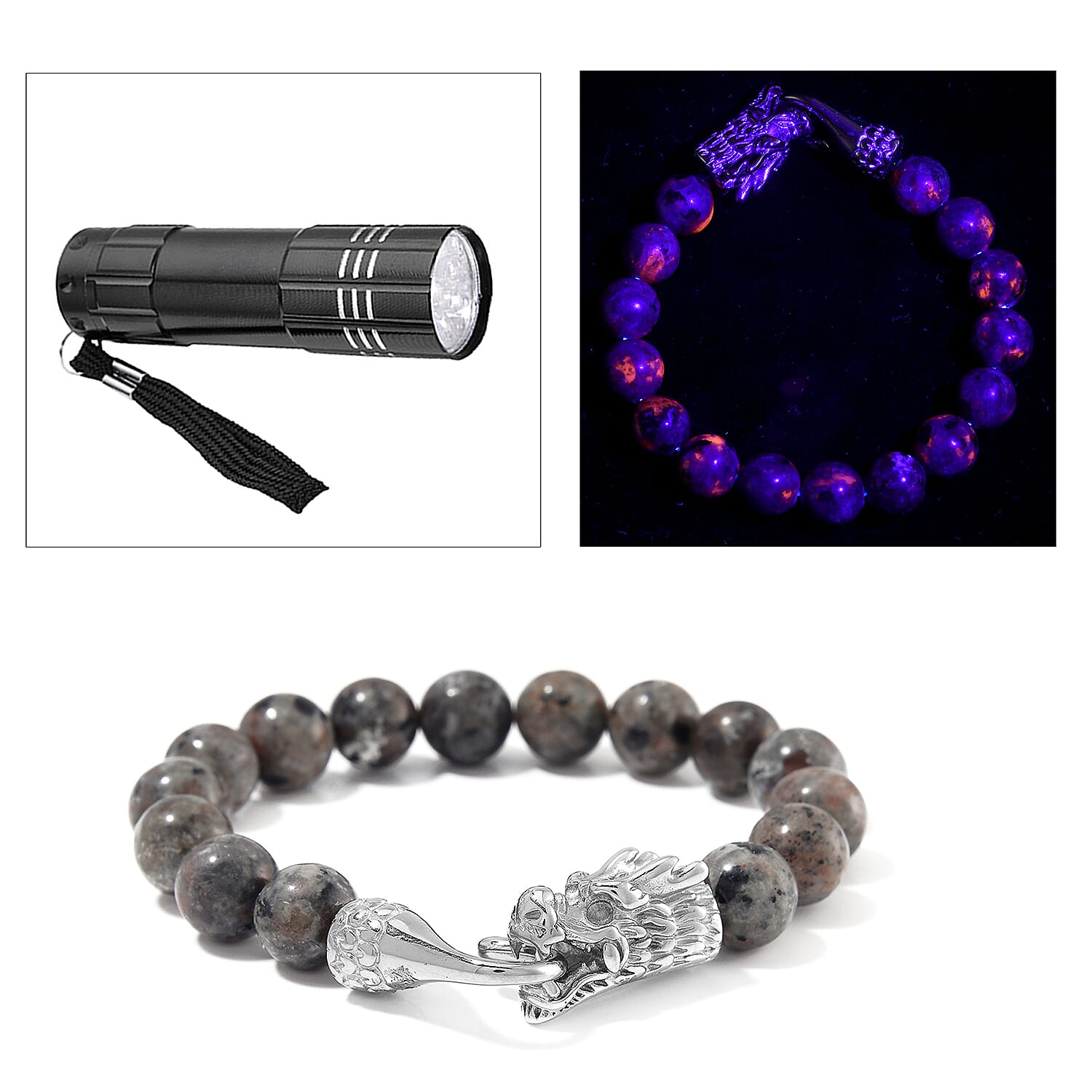 Natural Yooperlite 130.00 ctw 10mm Beaded Dragon Bracelet in Stainless Steel (6.75 In) with Free UV Flash Light