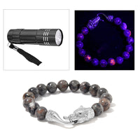 Natural Yooperlite 130.00 ctw 10mm Beaded Panther Bracelet in Stainless Stee (6.75 In) with Free UV Flash Light
