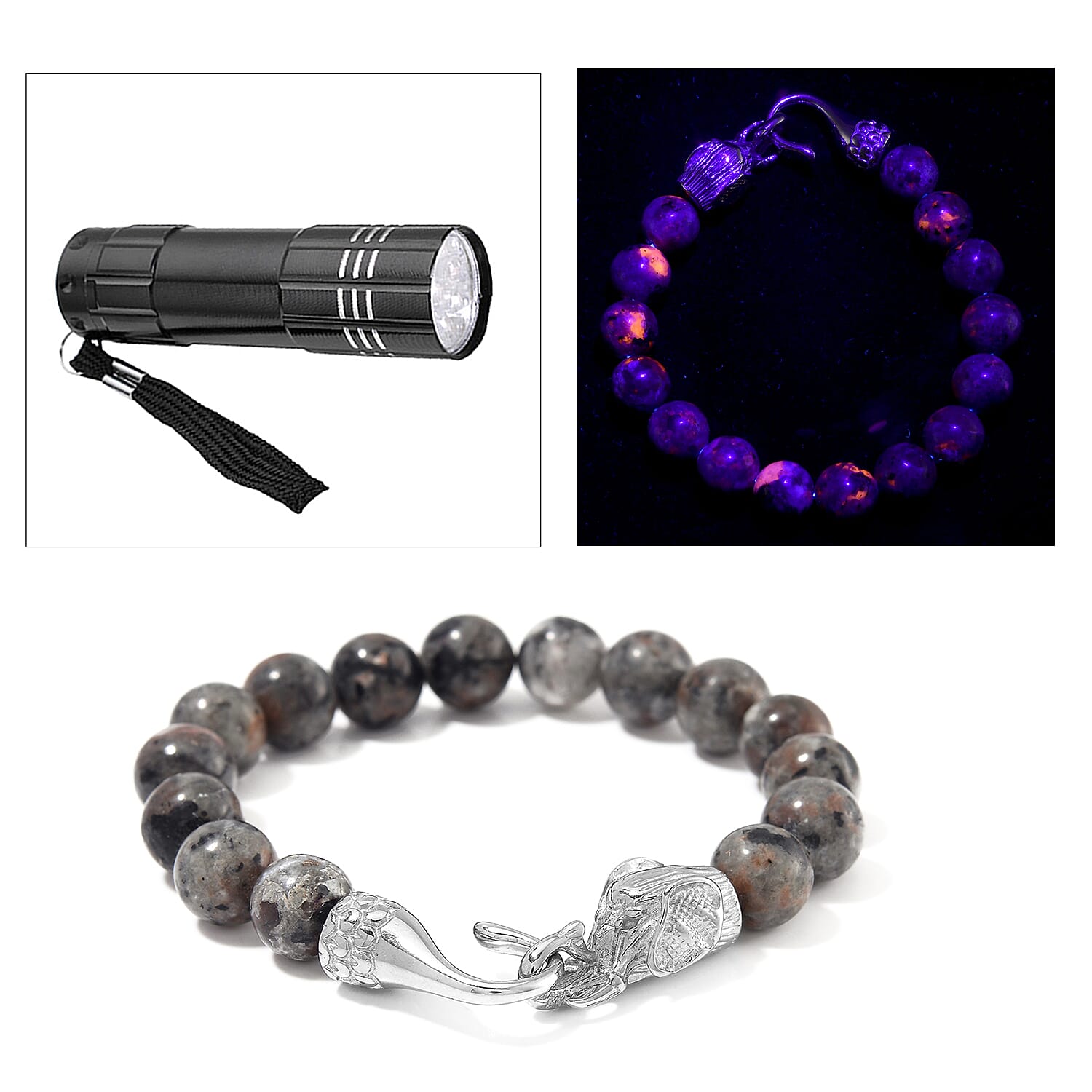 Natural Yooperlite 130.00 ctw 10mm Beaded Elephant Bracelet in Stainless Steel (6.75 In) with Free UV Flash Light