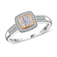 Moissanite (Cush 5x5mm) Halo Ring in Rhodium Over Sterling Silver and 10K Yellow Gold (Size 10.0) 0.80 ctw