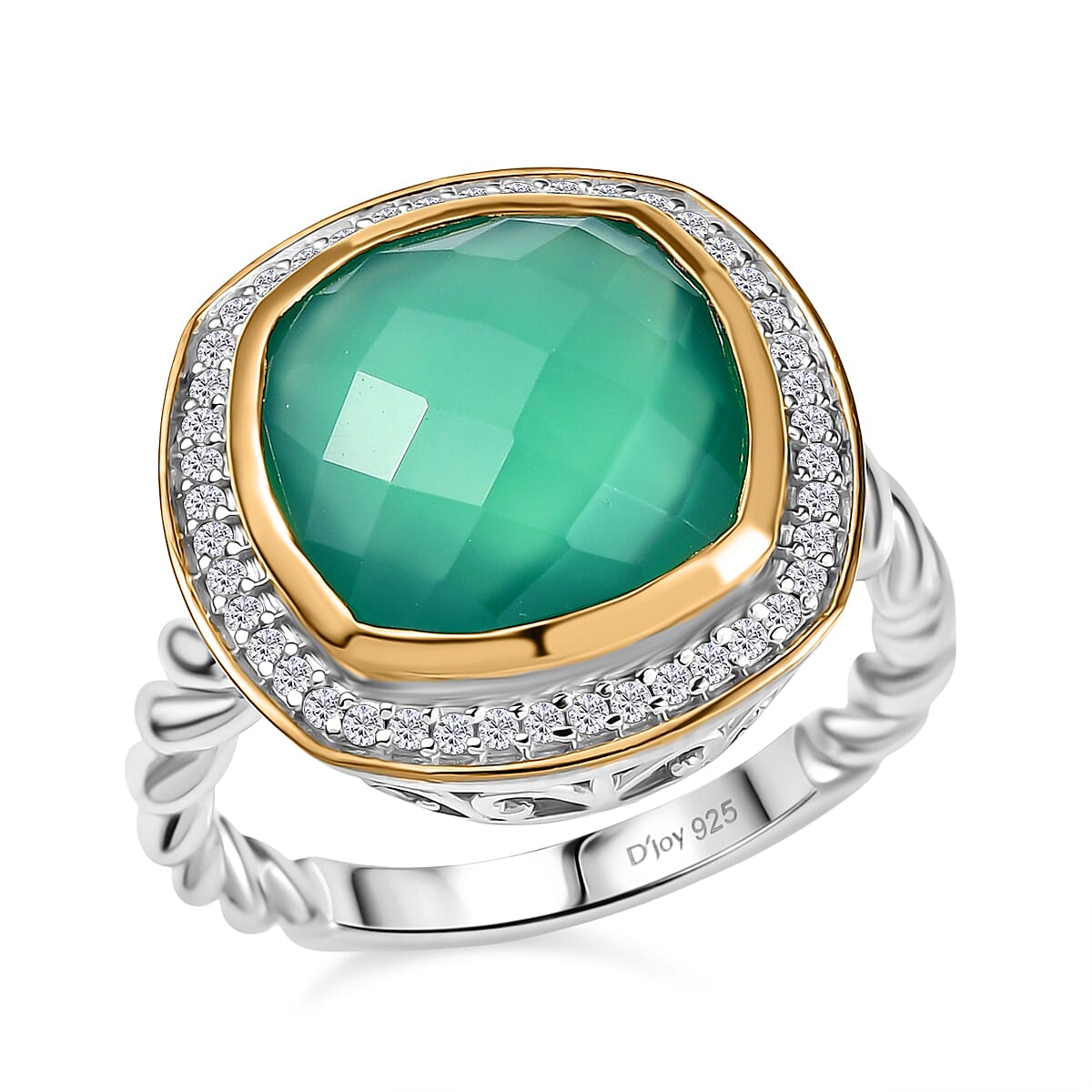 D'Joy Verde Onyx, White Zircon Ring in 18K Vermeil YG and Rhodium Over Sterling Silver (Size 10.0) 6.15 ctw