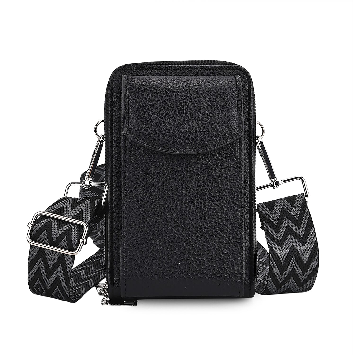 Black Litchi Embossed Faux Leather Crossbody Bag (4.33"x2.36"x6.89") with Woven Shoulder Strap