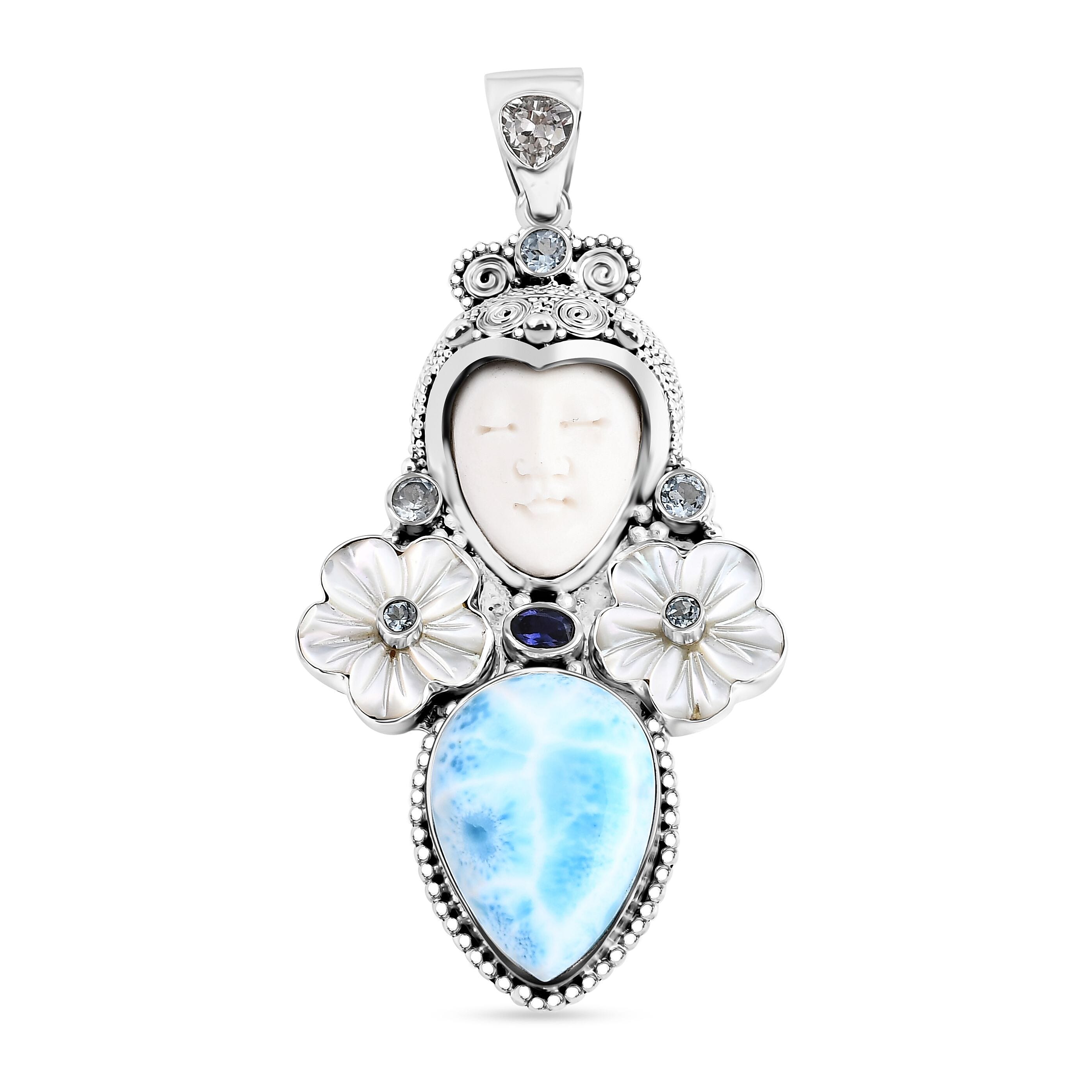 Sajen Silver Carved Bone and Multi Gemstone 30.40 ctw Pendant without Chain in Sterling Silver