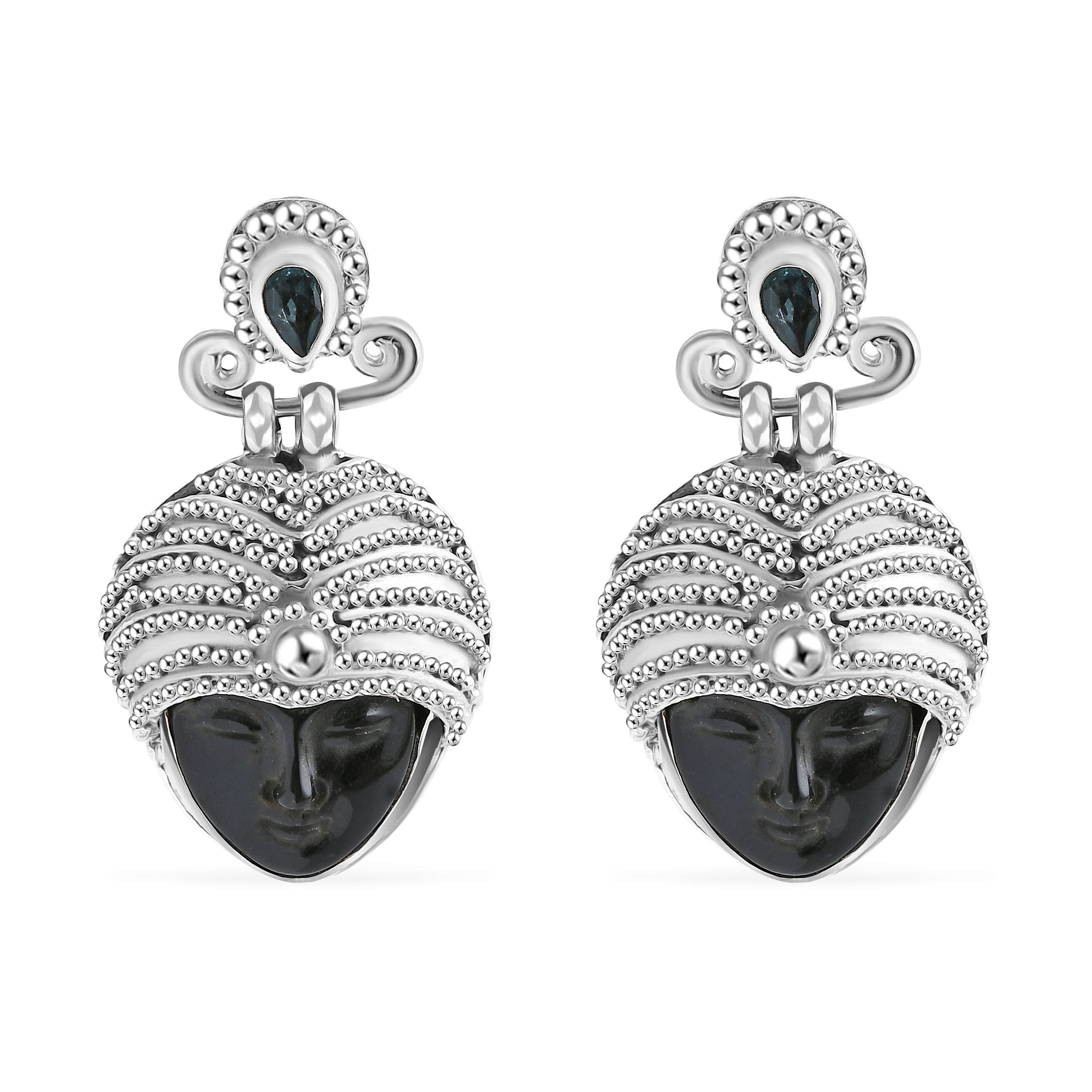 Sajen Silver Rainbow Obsidian Carved and Apatite 9.20 ctw Buddha Earrings in Sterling Silver