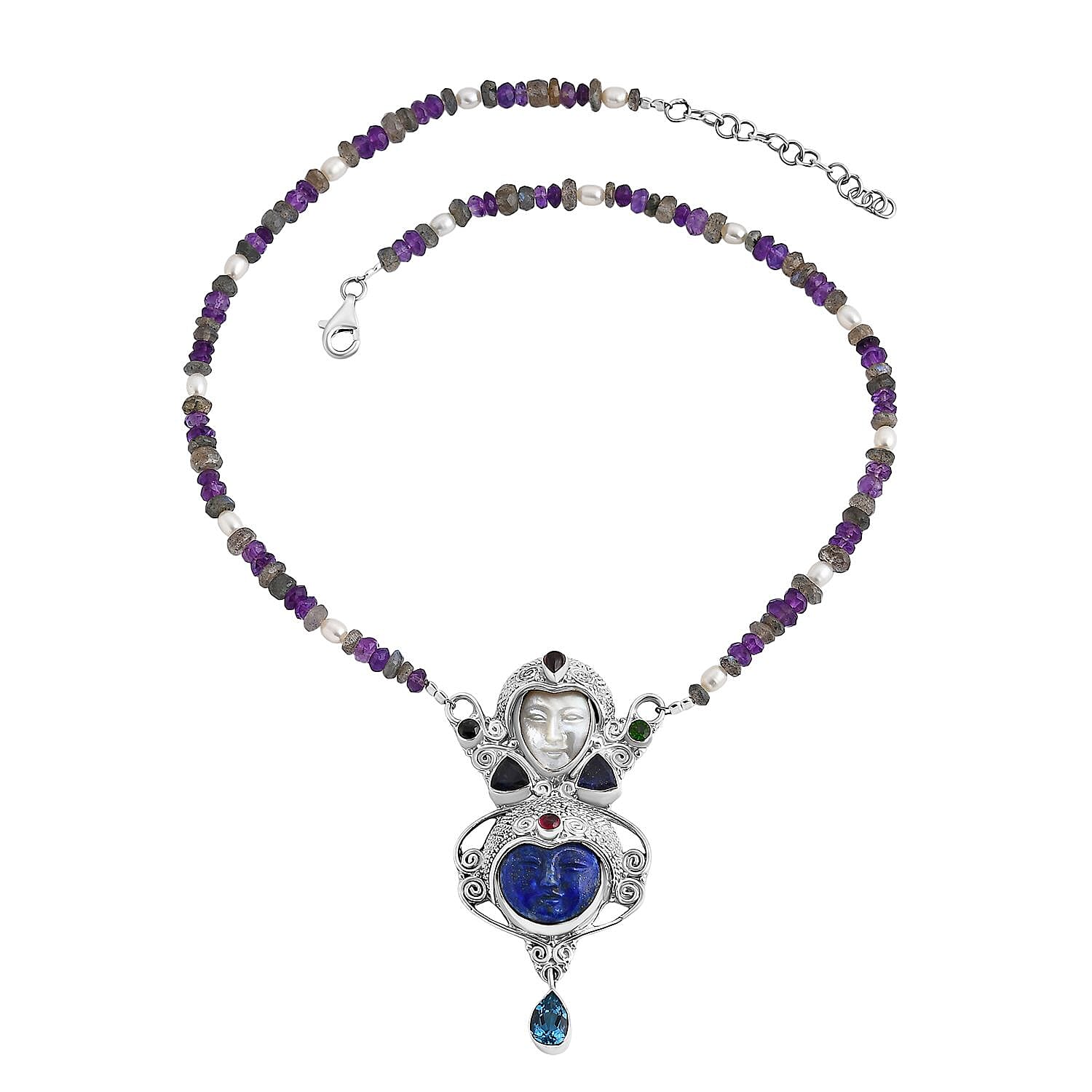 Sajen Silver Lapis Lazuli Carved and Multi Gemstone 15.85 ctw Necklace in Sterling Silver 20 Inches