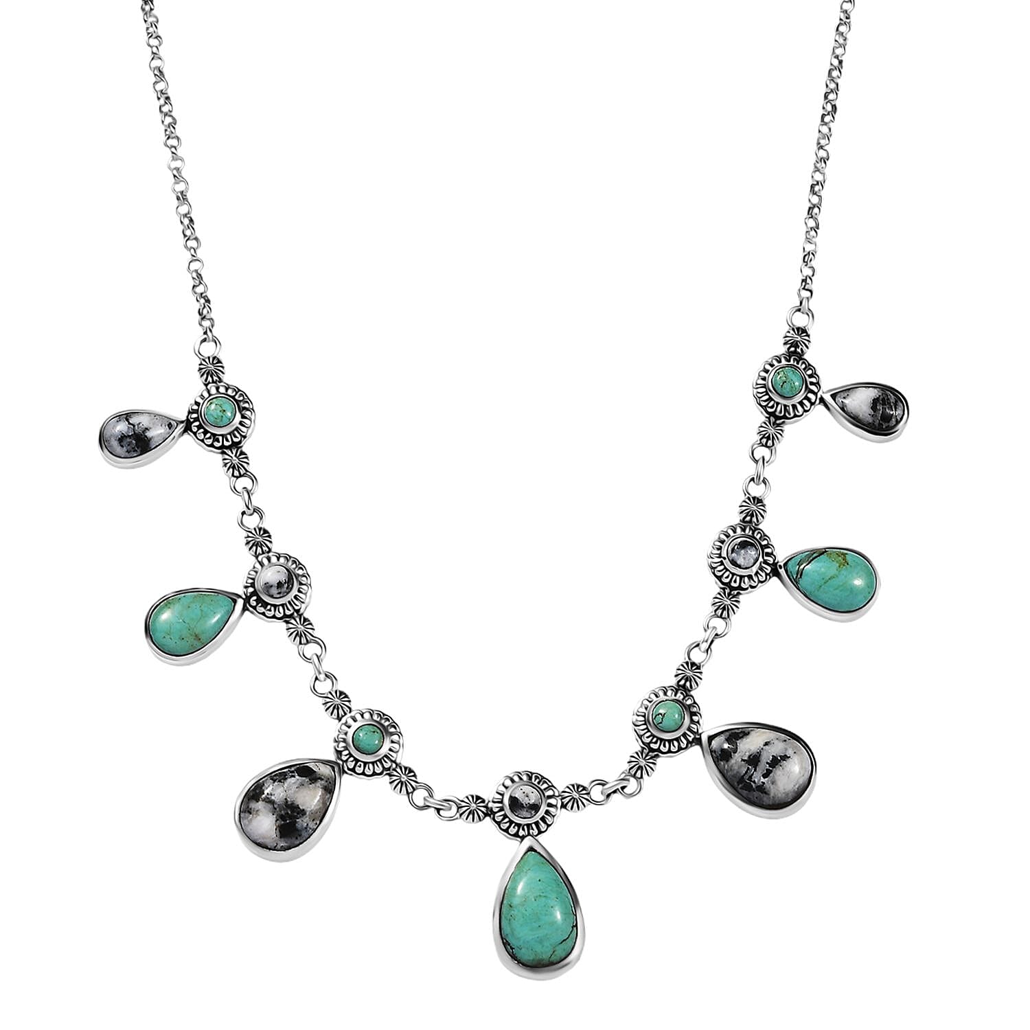 D'Joy Artisan Crafted Royston Turquoise and White Buffalo 24.60 ctw Western Heritage Necklace in Sterling Silver (18-20 Inches)