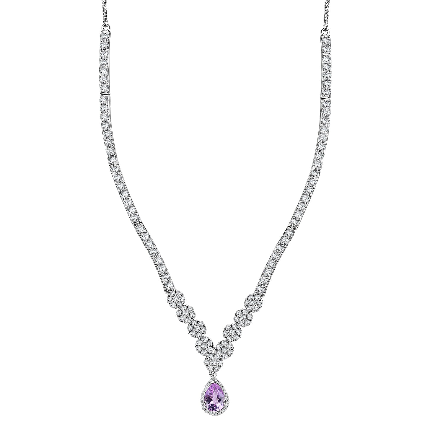 D'Joy Premium Martha Rocha Kunzite and White Zircon 18.50 ctw Celestial Dewdrop Necklace in Rhodium Over Sterling Silver 18 Inches