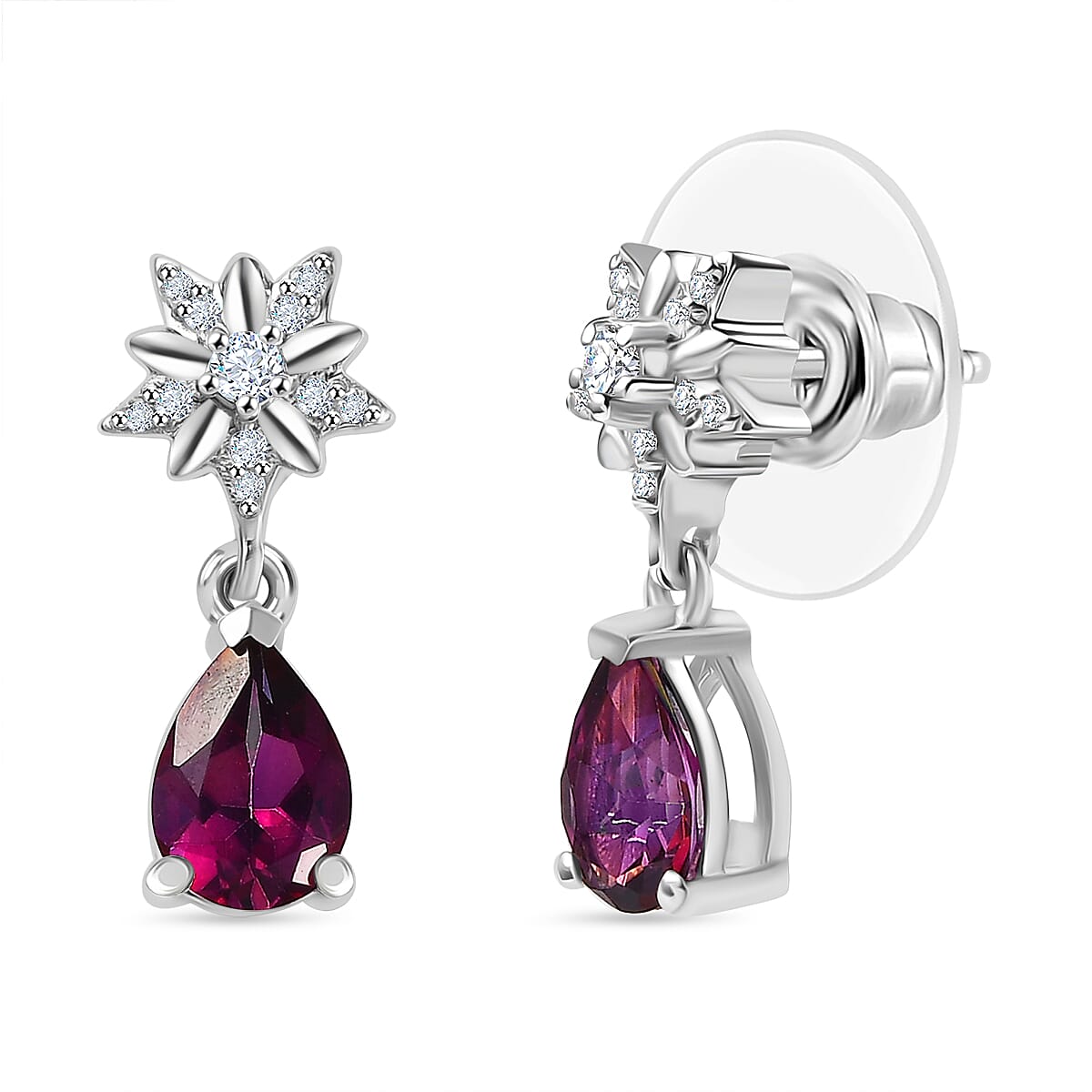 D'Joy Crimson Mystic Topaz and White Zircon 1.85 ctw Star Drop Earrings in Rhodium Over Sterling Silver