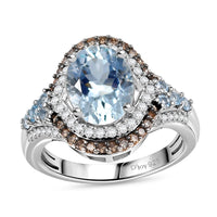 Premium Mangoro Aquamarine, Santa Maria Aquamarine, Natural Champagne and White Diamond (0.50 cts) Ocean Empress Ring in Rhodium Over Sterling Silver (Size 10.0) 2.90 ctw