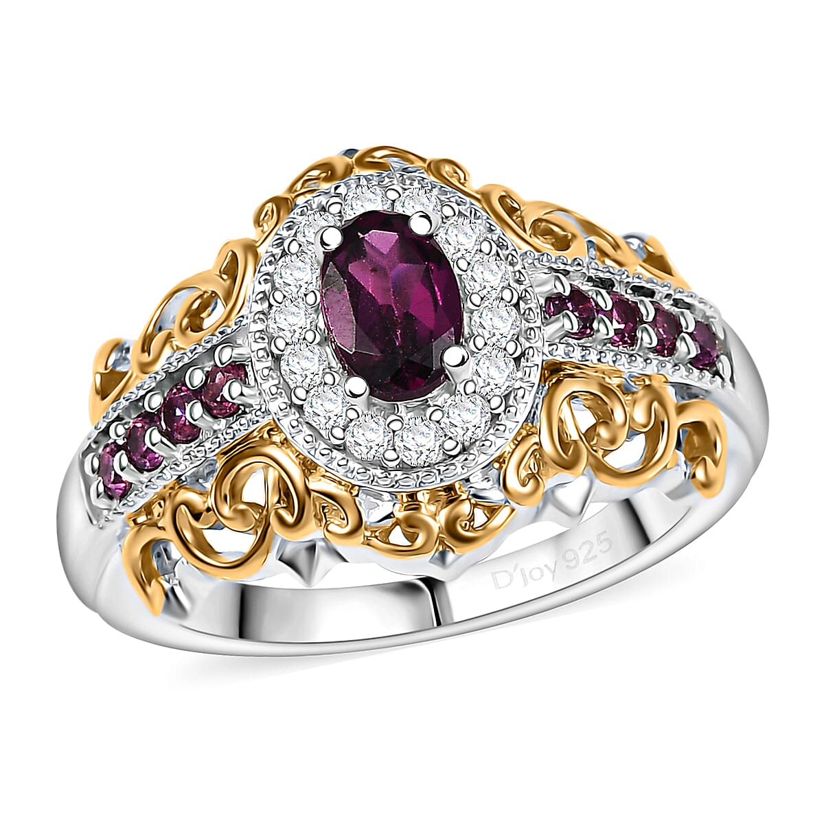 Radiant Ember Garnet and White Zircon 1.10 ctw Ring in 18K Vermeil YG and Rhodium Over Sterling Silver (Size  10.0)
