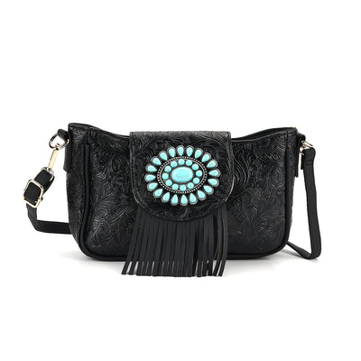 Black Flower Embossed Faux Leather Crossbody Bag with Turquoise Charming Fringes (9.84"x2.76"x6")