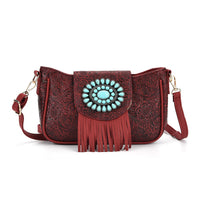 Black Flower Embossed Faux Leather Crossbody Bag with Turquoise Charming Fringes (9.84"x2.76"x6")
