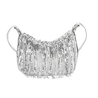 Silver Faux Leather and Sequin Timeless Fringe Crossbody Bag (9"x2.5"x7.09") with Shoulder Bag
