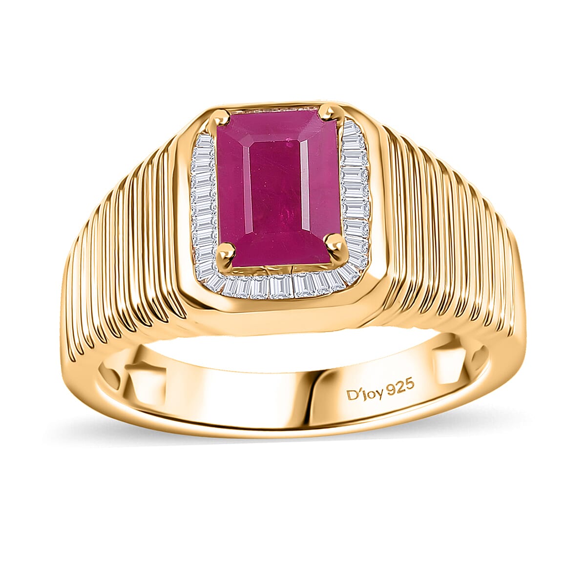 AAA Royal Ruby, White Diamond Mens Ring in 18K Vermeil YG Over Sterling Silver (Size 10.0) 2.50 ctw