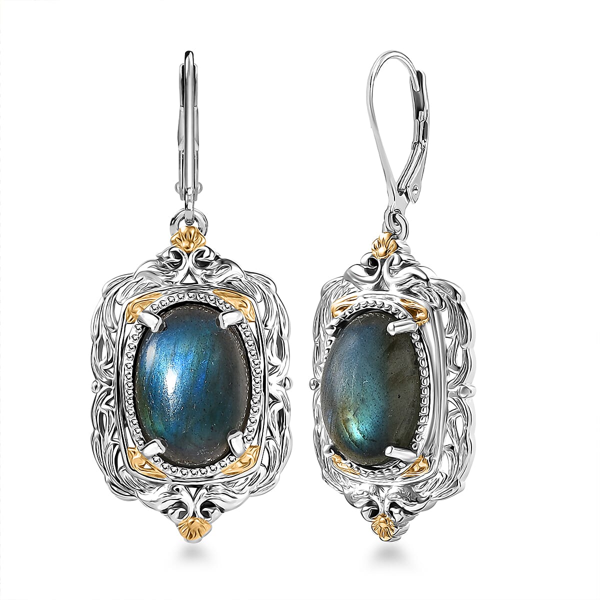 Karis Malagasy Labradorite 12.10 ctw Lever Back Earrings in 18K YG Plated and Platinum Bond