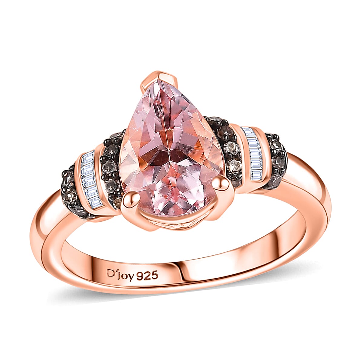 Pink Morganite, Natural Champagne and White Diamond Ring in 18K Vermeil RG Over Sterling Silver (Size 10.0) 1.80 ctw