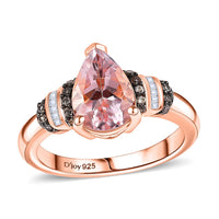 Pink Morganite, Natural Champagne and White Diamond Ring in 18K Vermeil RG Over Sterling Silver (Size 10.0) 1.80 ctw