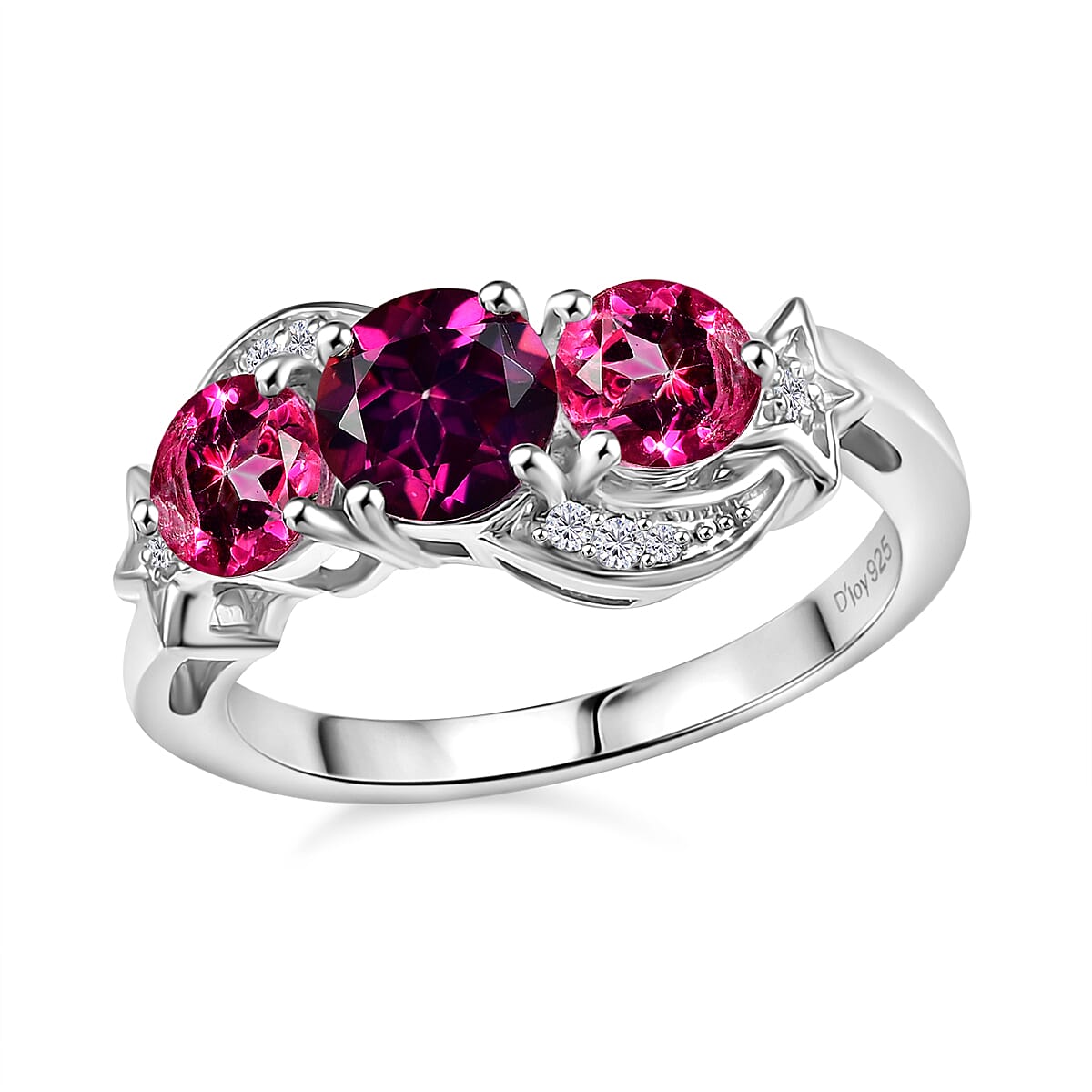 Pink Mystic Topaz ,  White Zircon ,  Crimson Mystic Topaz  Fancy Ring in Rhodium Overlay Sterling Silver 2.27 ctw