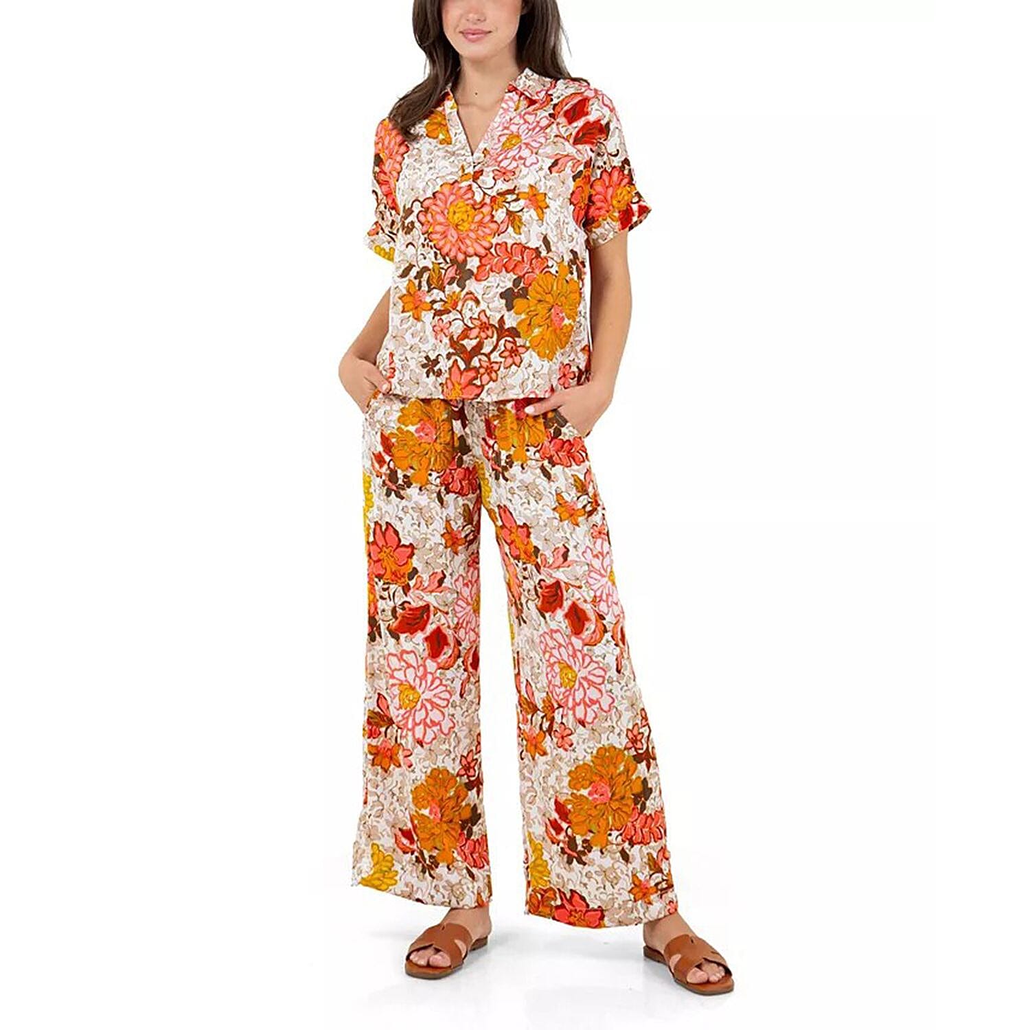 FEVER Orange Floral Satin Like Top with Collar - S (Ships in 4-7 Days)