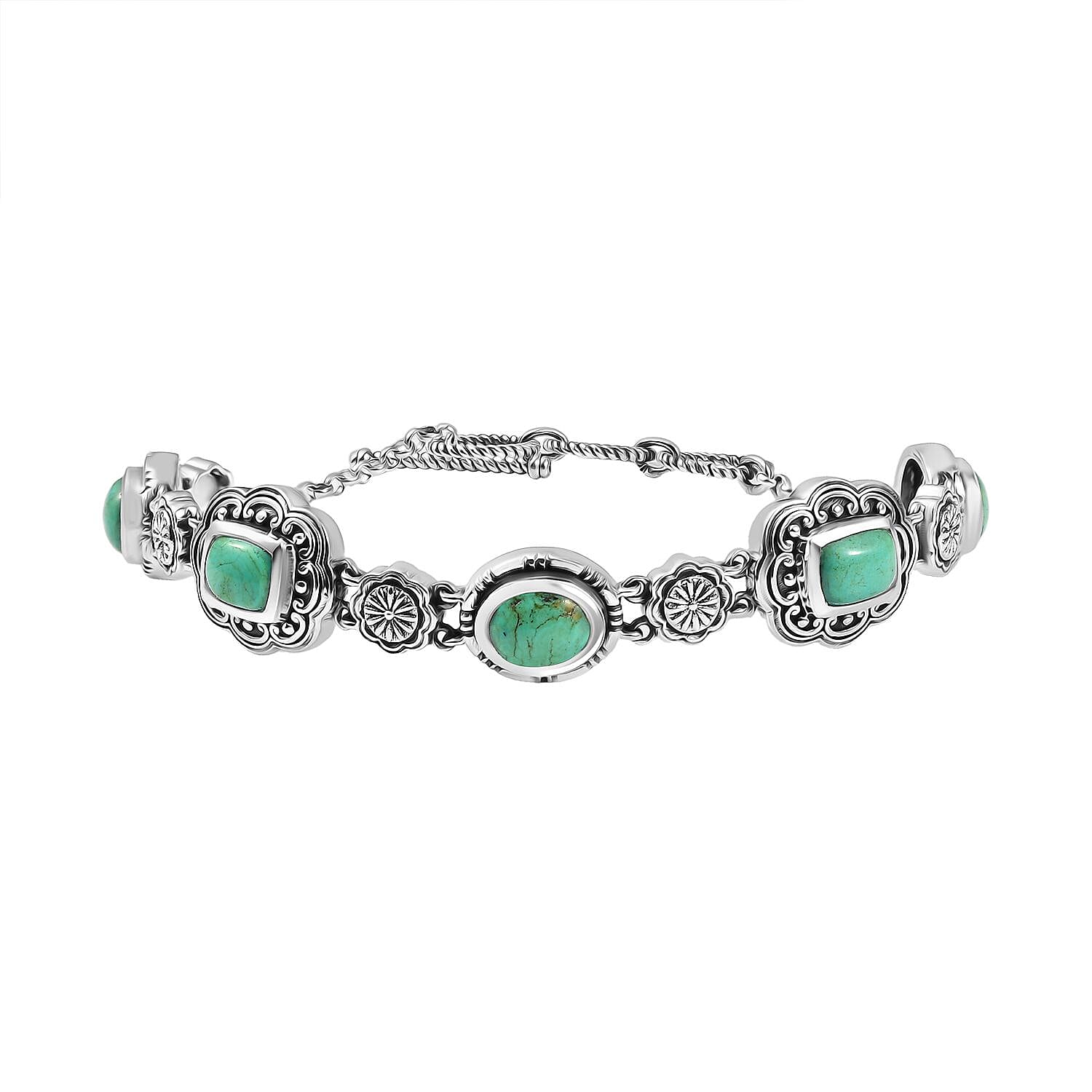 D'Joy Artisan Crafted Royston Turquoise 8.40 ctw Floral Bracelet in Sterling Silver (6.50-8.0In)