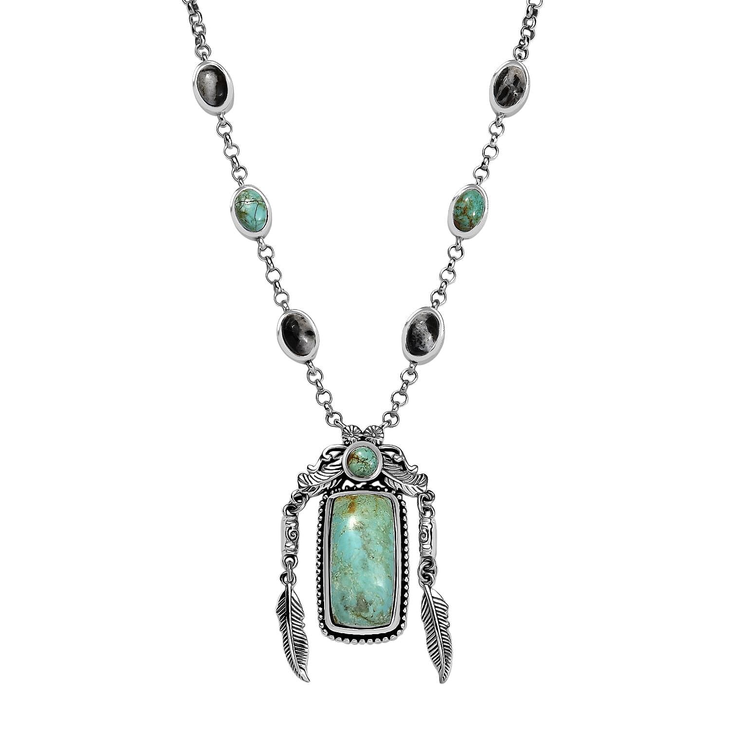 D'Joy Artisan Crafted Royston Turquoise and White Buffalo 13.15 ctw Feather Necklace in Sterling Silver 18 Inches
