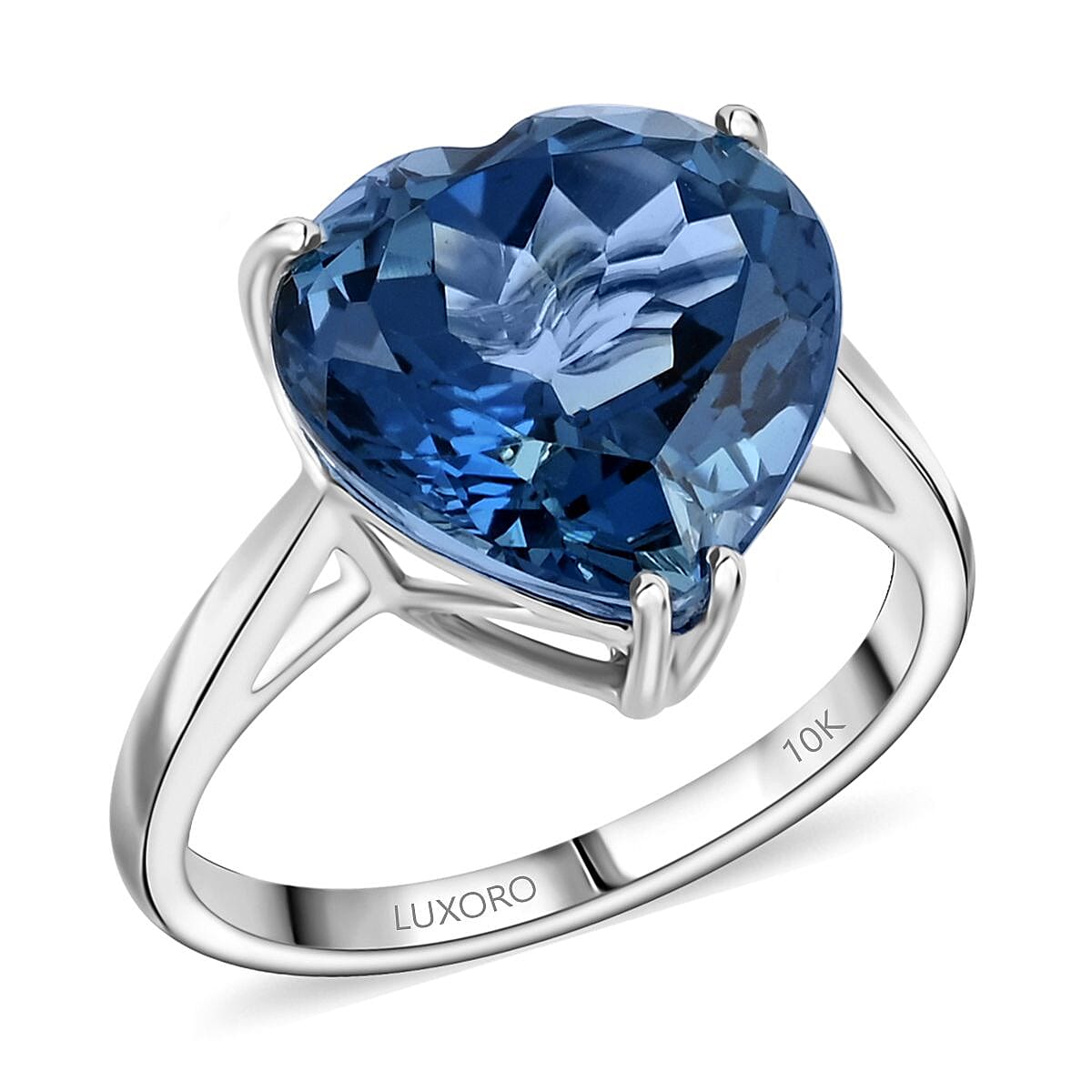 Luxoro AAA London Blue Topaz 7.25 ctw Solitaire Heart Ring in 10K White Gold (Size 10.0)