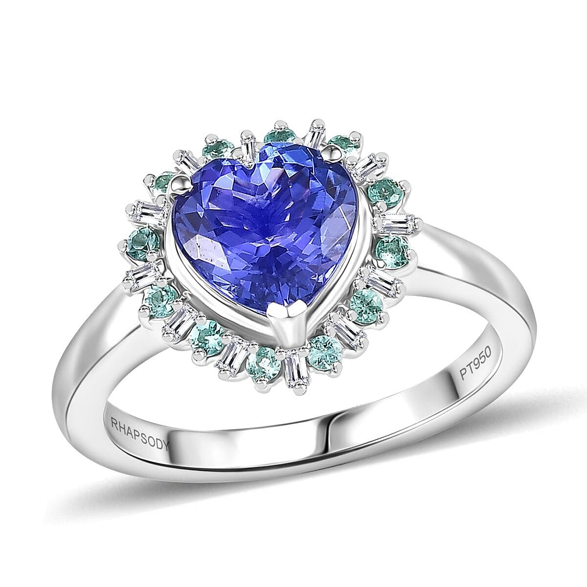 Rhapsody 950 Platinum AAAA Tanzanite, Paraiba Tourmaline and Diamond (E-F, VS2) Heart Ring (Size 6.0) 2.20 ctw