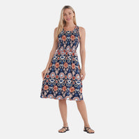 Gemstone Print Double Knit Brushed Sleeveless with Waist Tie Dressed - One Side